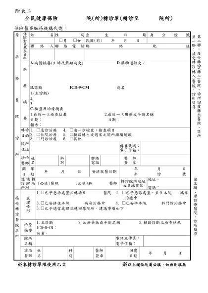 全民健康保險 院(所)轉診單(轉診至 院所)