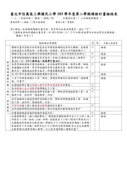 台北市國語實小九十二學年度第二學期六年級社會學習領域教學計劃-臺北市信義區三興國民小學103學年度第二學期課程計畫檢核表