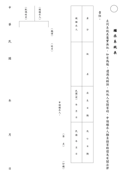 繼 承 系 統 表- 左列系統表屬實無訛，如有偽報、遺漏或錯誤，致他人受損害時，申請繼承人願負損害賠償及有關法律責任。