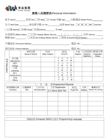 應徵人員履歷表(Personal Information)