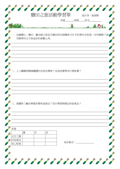 參觀台鹽 設計者：陳錦昭、蔡慈芬-鹽田之旅活動學習單 設計者：張淑雅