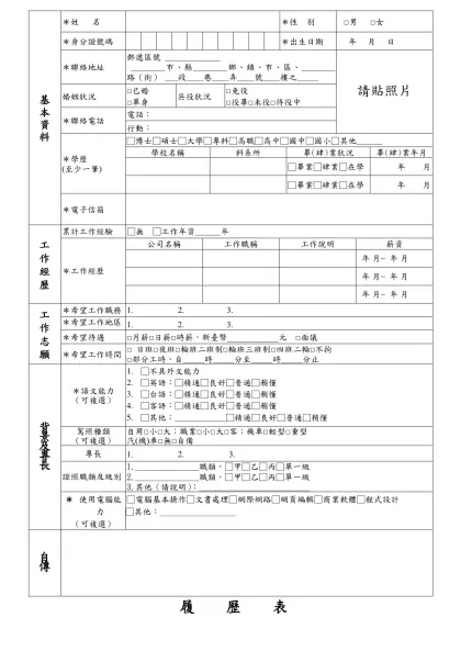 求職登記表-基本資料-＊姓 名＊性 別 □男 □女＊身分證號碼
