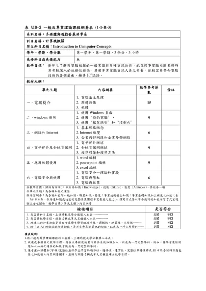 表 A10-1 一般及專業理論課程綱要表 (1-1-R-1)