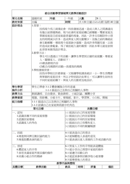 綜合活動學習領域單元教學活動設計(詳案)