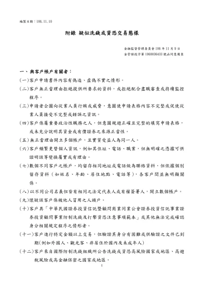 銀行防制洗錢及打擊資恐注意事項範本附錄-附錄 疑似洗錢或資恐交易態樣
