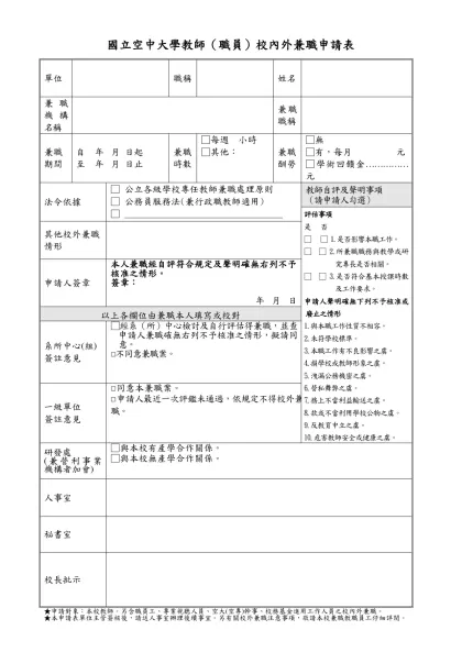 國立空中大學教職員校外兼職申請表-國立空中大學教師（職員）校內外兼職申請表