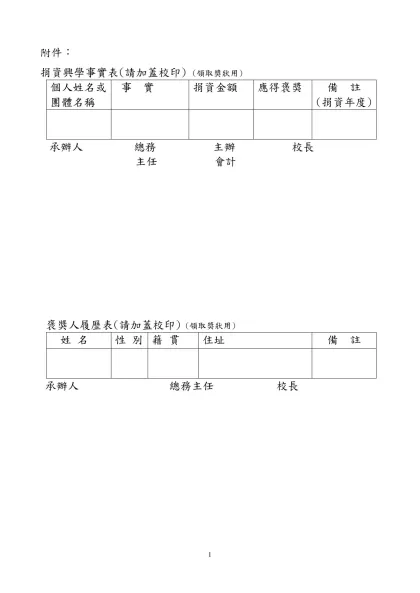 附件：-捐資興學事實表(請加蓋校印) (領取獎狀用)