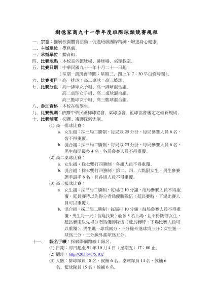 樹德家商九十一學年度班際球類競賽規程