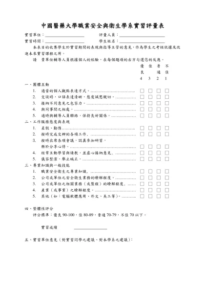 嘉南藥理科技大學實習評量表-中國醫藥大學職業安全與衛生學系實習評量表