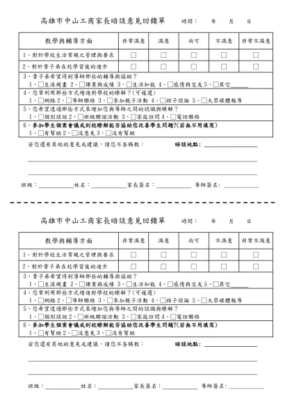 國立台東高商親職教育座談會家長回饋表-高雄市中山工商家長晤談意見回饋單 時間： 年 月 日