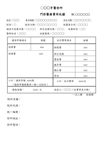 ○-○○牙醫診所-門診醫療費用收據 NO.○○○○○○姓名：○○○ 身分證號：○○○○○○○○○○ 出生日期：○○○/○○/○○