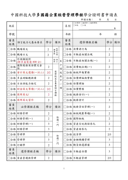 國立中山大學學生整合學程證明申請書-中國科技大學多國籍企業經營管理學程學分證明書申請表