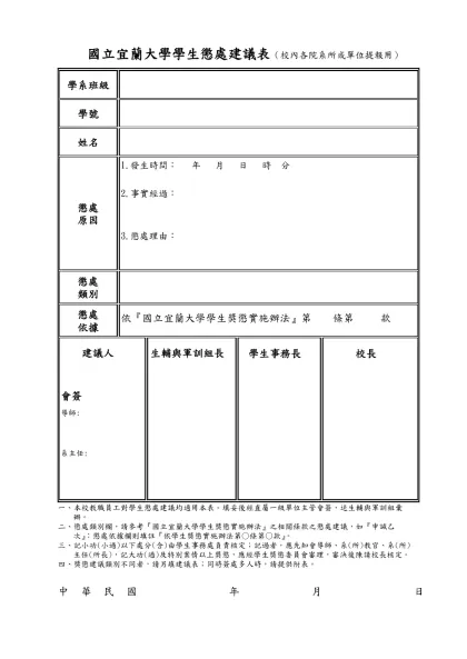 國立宜蘭大學學生獎懲建議表 年 月 日-國立宜蘭大學學生懲處建議表（校內各院系所或單位提報用）