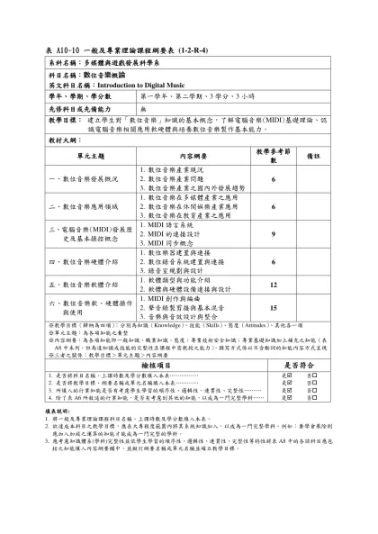 表 A10-10 一般及專業理論課程綱要表 (1-2-R-4)