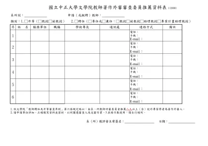 國立中正大學文學院教師著作外審審查委員推薦資料表1120801