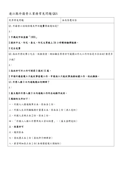 連江縣外籍勞工業務常見問題Q&A