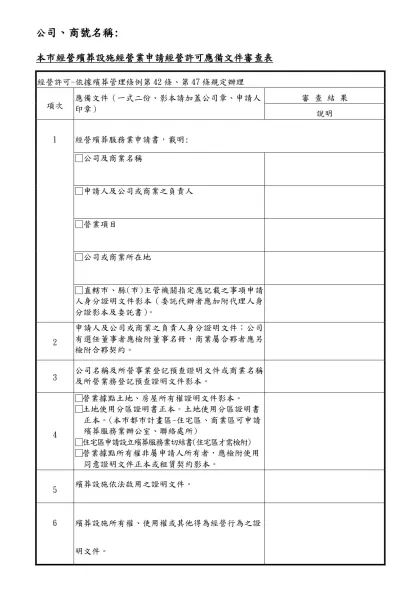 申請經營殯葬設施經營業之新設公司許可應備文件審查表-公司、商號名稱: