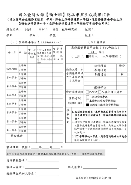 國立臺灣大學研究所屆畢業研究生成績審核表-國立臺灣大學【碩士班】應屆畢業生成績審核表