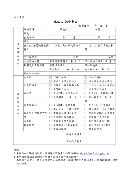 表3-4-2 車輛安全檢查表-表3-4-2
