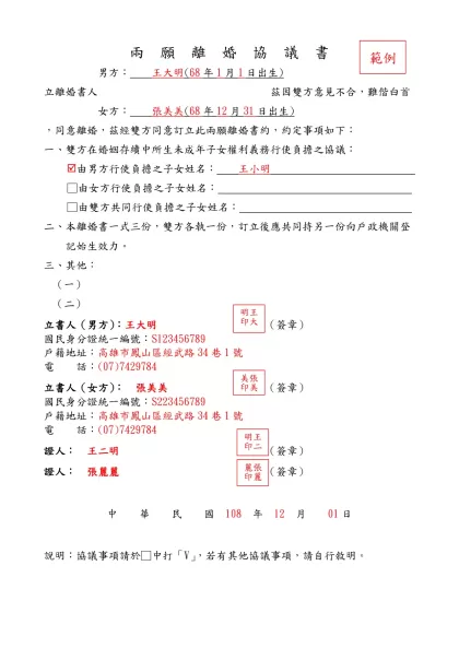 兩 願 離 婚 協 議 書-男方： 王大明(68年1月1日出生)