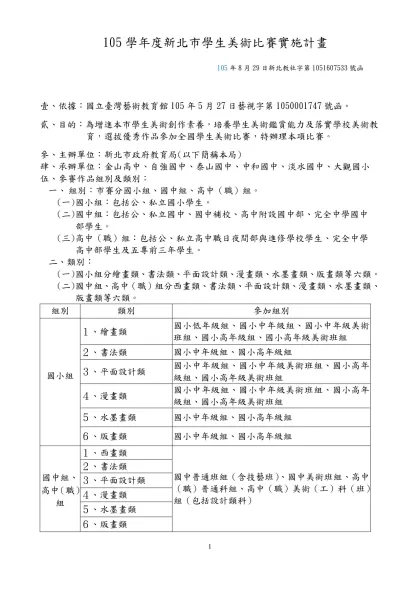 94學年度全國學生美術比賽實施要點-105學年度新北市學生美術比賽實施計畫