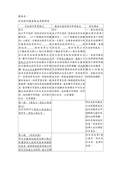 全權委託投資契約範本草案條文及說明對照表-範本五：