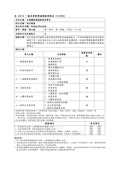 表 A10-1 一般及專業理論課程綱要表 (1-1-R-1)