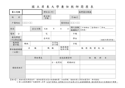 國 立 屏 東 師 範 學 院 兼 任 教 師 簡 歷 表