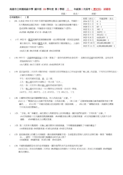 高雄縣立林園高級中學 國中部97學年度 第一學期 年級 科 第二次段考考卷-高雄市立林園高級中學 國中部 106學年度 第2學期 三 年級第2次段考 ( 歷史科) 試題卷