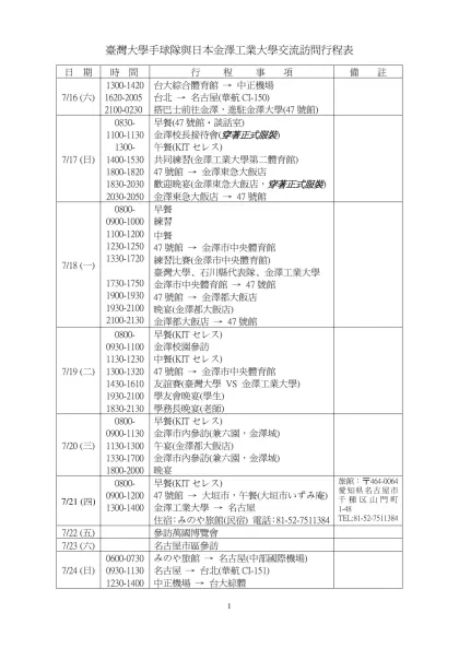 臺灣大學手球隊參中國上海同濟大學亞洲大學生手球邀請賽行程表-臺灣大學手球隊與日本金澤工業大學交流訪問行程表