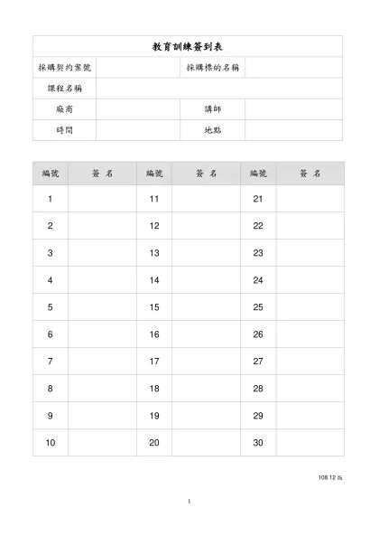 教育訓練簽到表-採購契約案號採購標的名稱
