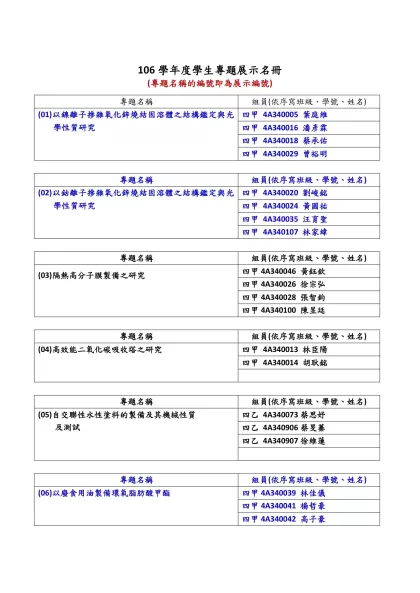 102學年度學生專題展示報名表[可將同指導老師的數組寫在同一張]-106學年度學生專題展示名冊
